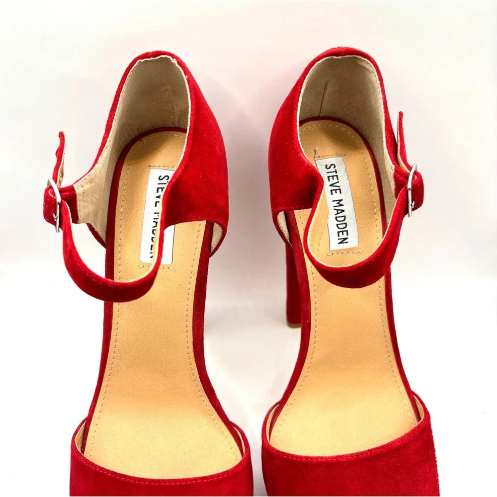 Steve Madden‎ Red Suede Platform Ankle Strap Block Heels Women's Size 10